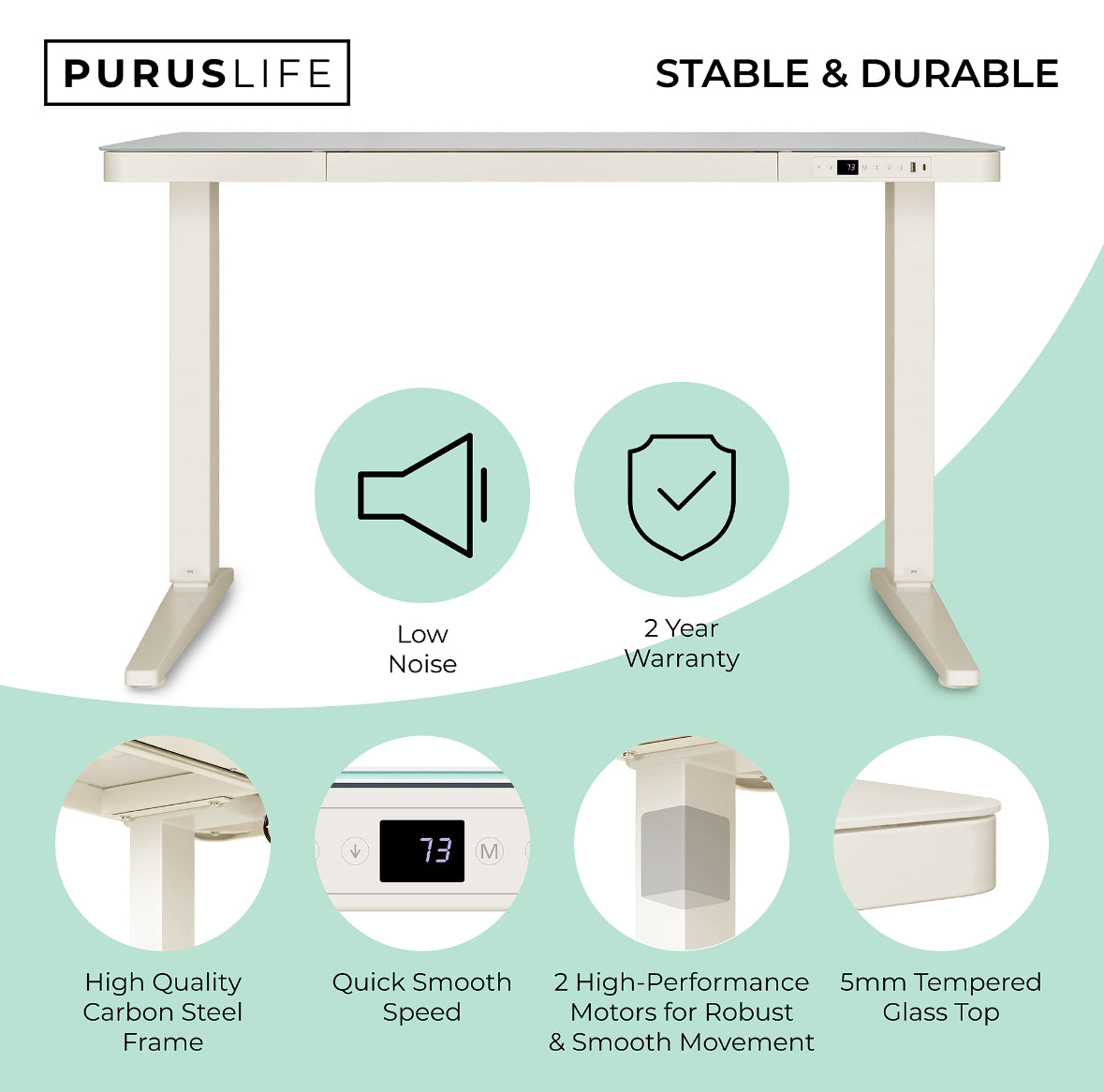 Electric Standing Desk White (Glass Top) – Height Adjustable Sit Stand Desk – E-Max Desk – Purus Life